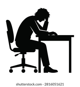 Silhouette of man sitting at desk looking stressed or bored while working on computer