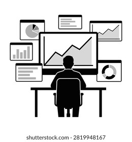 Silhouette of man sitting at desk looking at large monitor with line graphs and surrounded by smaller screens with bar charts and pie charts