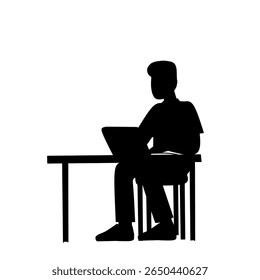 Silhueta de um homem sentado em uma mesa usando um laptop. Design vetorial minimalista para temas de trabalho, educação, trabalho remoto, freelance ou negócios