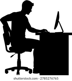 Silhouette of a man sitting at a desk working on a desktop computer in an ergonomic office chair