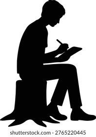 Silhouette man sitting drawing on tree stump vector illustration
