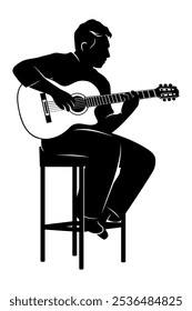 Silhueta do homem sentado em uma cadeira e tocando violão. Clipart de vetor isolado no branco.