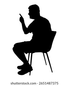 Silhouette of  man sitting on chair and pointing on something, side view. Vector illustration
