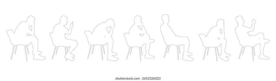 Silhueta do homem sentado na cadeira, vista lateral. Pessoa pensativa, triste, relaxante. Ilustração vetorial