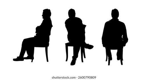 Silhouette of man sitting on chairs. Back, front and side view. Vector illustration