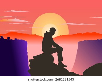 Silhueta de um homem sentado em um penhasco contra um pôr do sol dramático. Paisagem vetorial minimalista com céu quente gradiente, montanhas e sol brilhante, simbolizando solidão e reflexão.