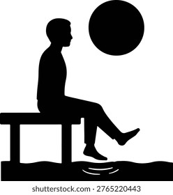 Silhouette man sitting on dock dipping foot vector illustration