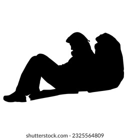 Silhouette of a man sitting on the ground with a backpack. Vector illustration