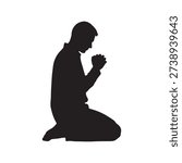 Silhouette of a man sitting on her knees praying. Side view on white back ground
