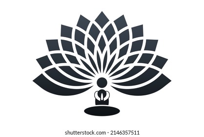 Silhouette eines Mannes, der auf einem lotus floralem Hintergrund sitzt, Blume des Lebens. Heilige Geometrie. Symbol für Harmonie und Gleichgewicht. Zeichen der Reinheit. Siebter Chakra-Yoga-Designvektor einzeln auf weißem Hintergrund