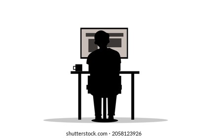 Silhouette of a Man Sitting on An Office Chair and working on a computer with coffee cup and office table desk, office work, Work from home