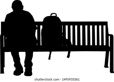 Silhouette of a man sitting on a park bench with his bag. Vector illustration. 