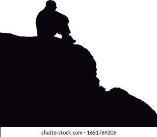 silhouette of man sitting on the rocks high on a mountain, looking at the horizon. eps 10 vector composition with transparency