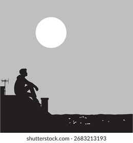 Silueta de un hombre sentado en una azotea, mirando al sol brillante sobre un paisaje urbano