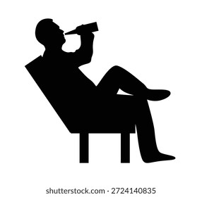 Silhueta do Homem Sentado no Sofá Beber Cerveja Vista Lateral. Pessoas e maus hábitos, noite diária e fim de semana atividades arte vetorial