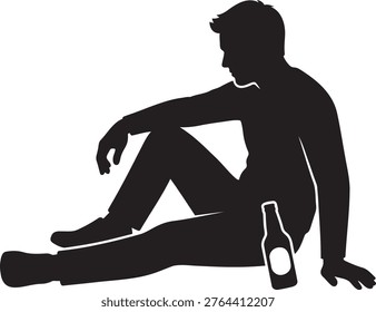 silhouette man sitting relaxing resting alone depressed thinking casual pose isolated black white vector illustration graphic