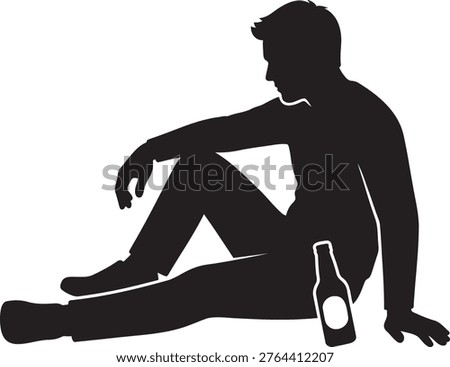silhouette man sitting relaxing resting alone depressed thinking casual pose isolated black white vector illustration graphic