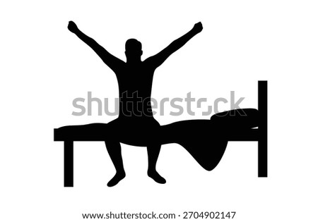 Silhouette of Man Sitting and Stretching Out on a Bed. People and morning routine vector art
