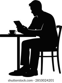 Silhouette of a man sitting at a table with a coffee cup and using a tablet isolated on white background.