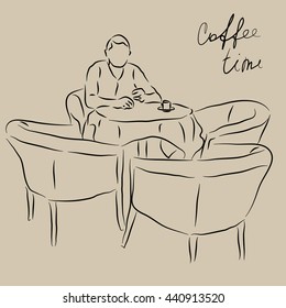 Silhouette of man sitting at the table. Man drinking coffee in a cafe. Vector illustration.
