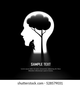 Silhouette of man sitting and thinking under the tree brain in human head on black wall with light and shiny glow effect, template for business concept and ecology idea, vector art and illustration.
