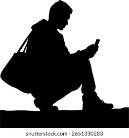 Silhouette of a man sitting and using his phone.