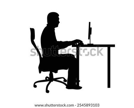 Silhouette of a Man Sitting and Working on Computer in Office. Work and professional occupation in business or IT sphere