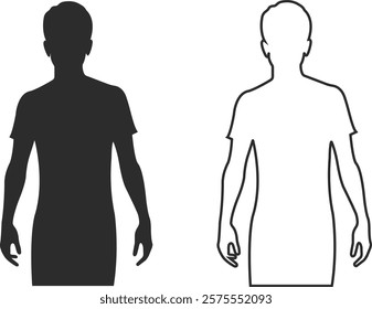 Silhouette of a man with a slim figure in a t-shirt in a modeling position, silhouette and line icon in black color.