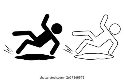 Silhouette of  Man slipped on slippery floor, falling person black icon silhouette pictogram. Slippery floor road icon vector design. Vector illustration.