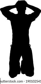 Silhouette of a man slump to his knee with his hand on his head in anguish. Vector illustration.