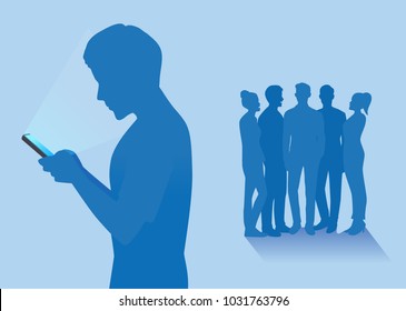 Silhouette of Man with smartphone left out of friends group. Illustration about social media addiction and real relationship with friend.