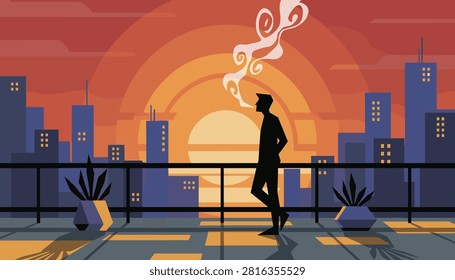 Silhouette of a man smoking a cigarette on his high-rise balcony looking at a dramatic city sunset.