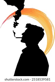 A Silhouette of a Man Smoking, With Creative Smoke Forming Shapes and a Bold Orange Sun in the Background. This Modern, Minimalist Design Adds a Sense of Calm and Mystery to Any Project.