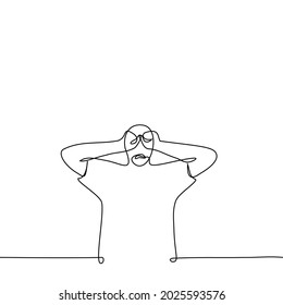 silhouette of a man sobbing - one line drawing. man clenched his fists, closing his eyes with them, his mouth open in sobs. concept of destruction toxic masculinity