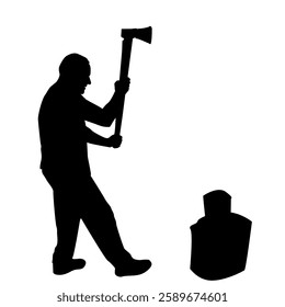 Silhouette of a man splitting wood with an ax