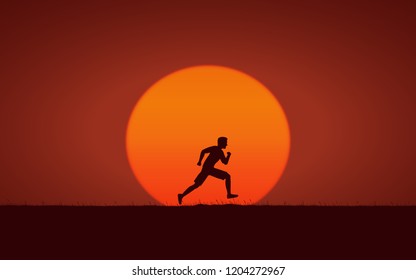 Silhouette man sprint running on hill under sunset sky background