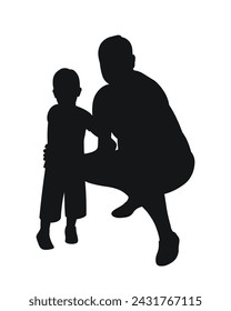 Silhouette of man squatting and boy, father and son, uncle and nephew, isolated vector