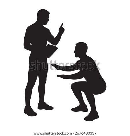 A silhouette of a man squatting with a trainer giving instructions. This image represents fitness, exercise, and the importance of proper form.