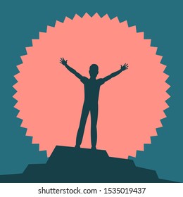 Silhouette of a man. A man stand on top and triumphantly raise their hands up. In the background are mountains and red sun. Vector flat illustration for logo or background.