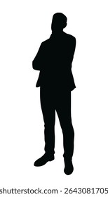 Silhouette of a man standing with arms crossed in a thoughtful pose, solid black graphic style, isolated on white background. Concept of decision making. Vector illustration