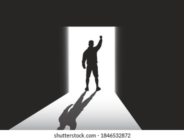 Silhouette of man standing at the door in the dark room with fist raised up facing the light, success, achievement and winning concept vector illustration