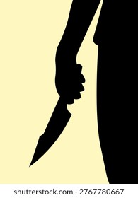 Silhouette of Man standing with hand holding a knife concept design. Icon of gesture people grab sharp object. Vector illustration.