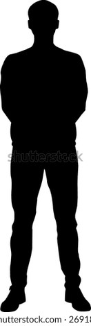 Silhouette of man standing with hands behind back on white background, calm male figure in casual clothes, relaxed young man outline and stylish male vector illustration design