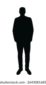 Silhouette of a man standing with hands in pockets, minimalistic black graphic style, isolated on white background. Concept of anonymity and mystery. Vector illustration
