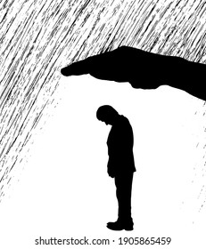 Silhouette de un hombre de pie con la cabeza inclinada de humor sombrío protegido de la lluvia por una mano gigante. Ilustración vectorial.