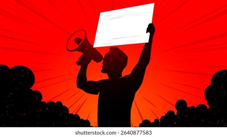 Silhouette of a man standing holding megaphone and blank poster paper vector illustration, copy space banner for protest, campaign or promotional media