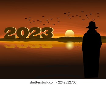 Silhouette eines Mannes, der die Zahlen 2023 mit dem Meer und dem Sonnenuntergang im Hintergrund betrachtet