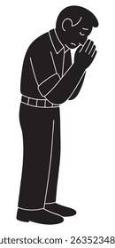 Silhouette of a man standing motionless with hands pressed together near his face