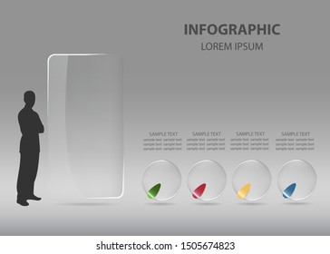 Silhouette of man standing next to the transparent rectangle ready for your text and transparent balls infographic vector, illustration  ready for your use as presentation, template, report etc.