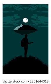 silhouette, a man standing on a hillside of the island carrying a guitar in the middle of a cold night with the full moon adds to its natural beauty. romantic vector portrait background.